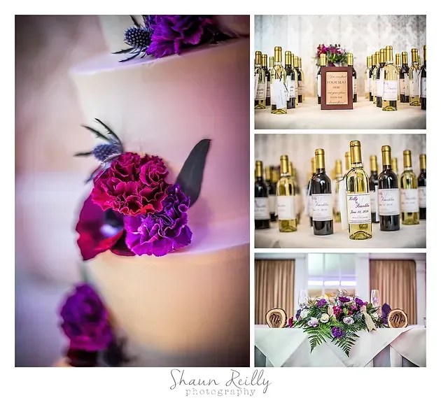 Wedding detail collage with purple floral bouquet, champagne bottles, and reception decor