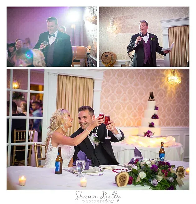 Wedding reception collage: groom giving speech and smiling couple toasting at a decorated table