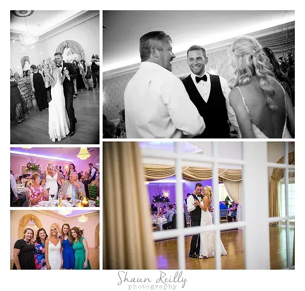 Wedding collage of the couple with guests, including ceremony, reception, and portraits in a ballroom