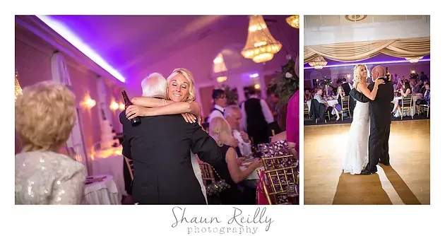 Two women hugging on a purple-lit dance floor at a formal party, with a reception scene in the background.