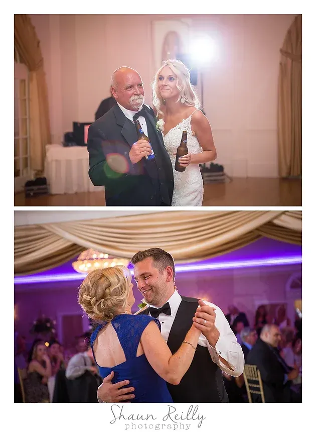 Two wedding dance photos, bride and groom slow dancing in a warmly lit reception hall