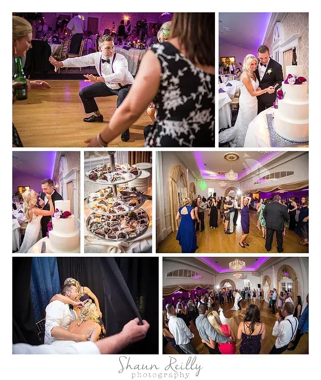 Wedding reception collage with dancing, cake cutting, a dessert table, and guests in a purple-lit venue