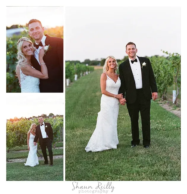 Bride and groom posing in a vineyard during sunset, with a collage of wedding portraits.