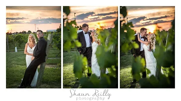 Wedding couple posing in a vineyard at sunset, with warm sky and green foliage in the foreground