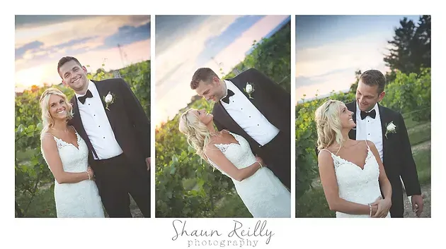 Wedding couple posing outdoors at sunset, shown in three romantic portrait shots.