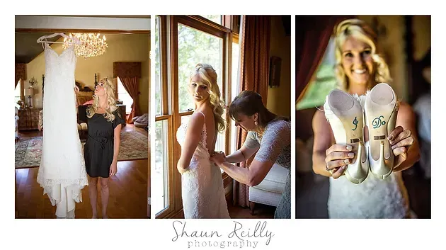Bridal collage: wedding dress hanging, bride getting ready, and bride holding custom shoes.