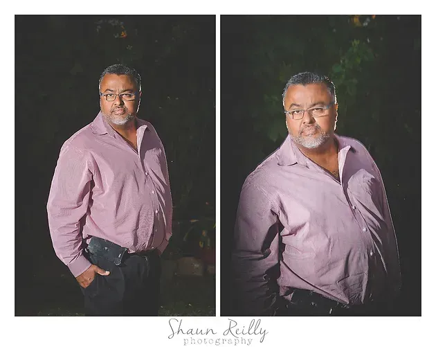 Two portrait photos of a man in a pink shirt against a dark studio background.