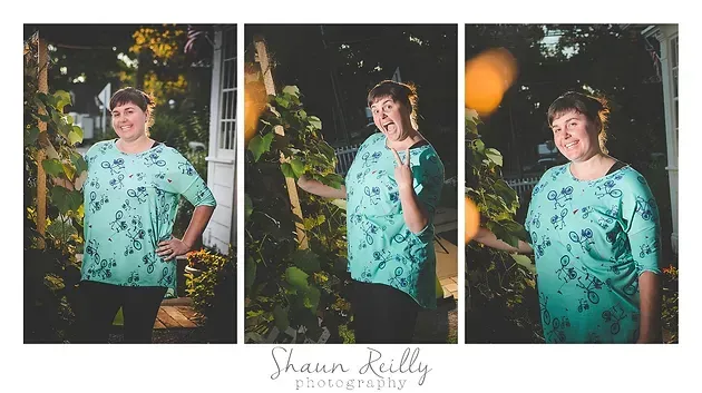 Three-panel portrait of a person in a teal shirt posing outdoors by greenery and a house.