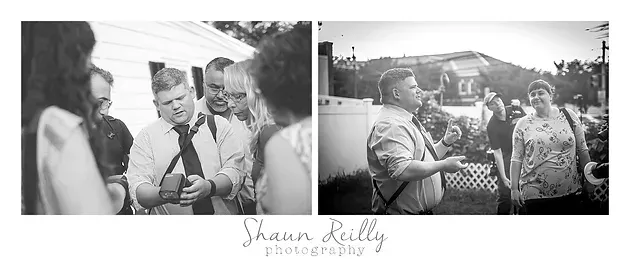 Black-and-white collage of two women at an outdoor event, one holding a microphone and one speaking to a crowd