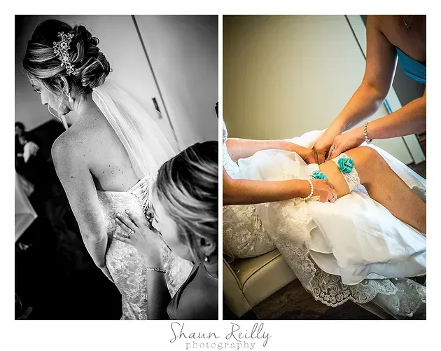 Wedding prep: bride getting dressed and bouquet fastened, shown in black-and-white and color side-by-side.