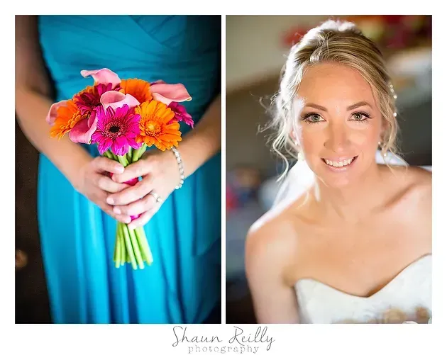 Bride holding bright pink and orange bouquet beside smiling bridal portrait in white dress