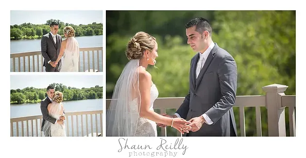 Wedding collage of a couple on a bridge, with the bride and groom holding hands and smiling outdoors.