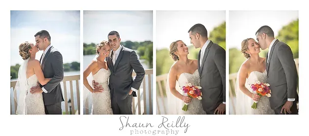 Four-panel wedding photo collage of a couple embracing and kissing outdoors on a balcony.