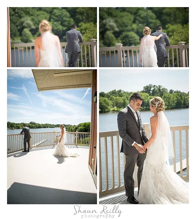 Bride and groom pose on a balcony overlooking water, with four wedding photo panels.
