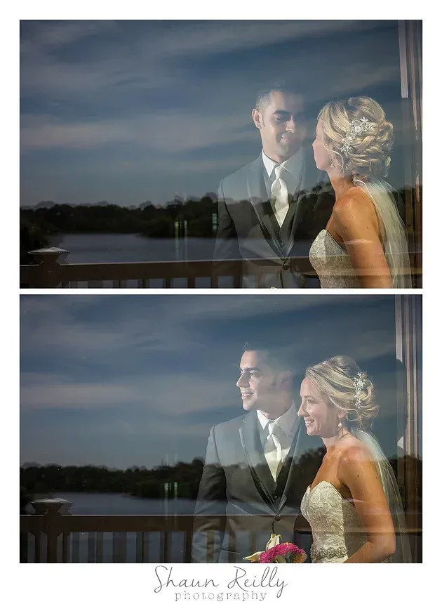 Wedding couple standing by a window, shown in two reflective portrait shots.