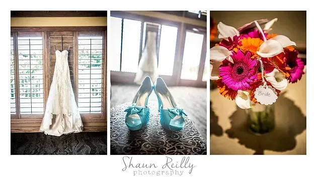 Bridal details collage: white wedding dress, turquoise heels on a rug, and a pink-orange bouquet in a vase