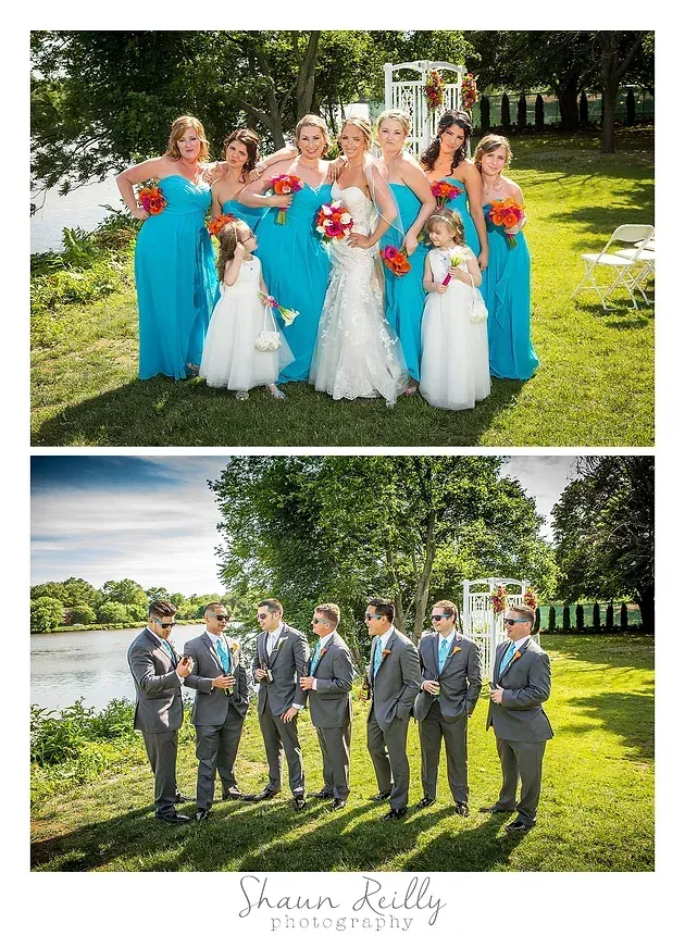 Wedding party portraits: bridesmaids in turquoise and groomsmen in gray suits posing on a lawn.