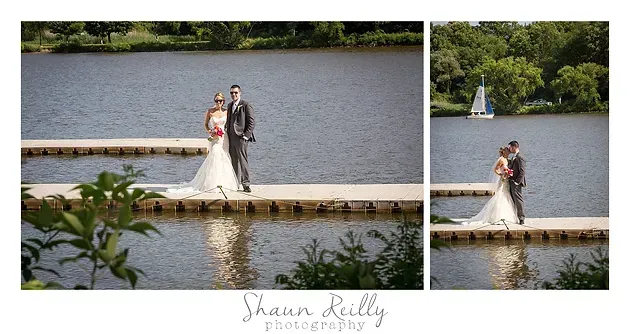 Bride and groom stand on a dock by a lake in a wedding portrait collage