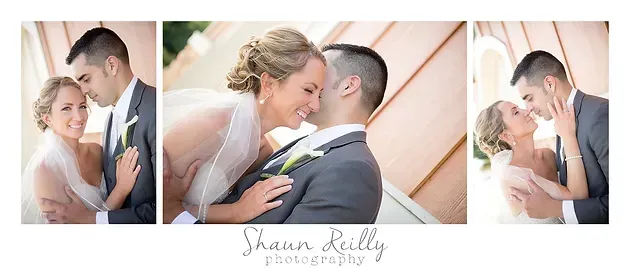 Wedding couple posing and kissing in a soft, rustic photo collage