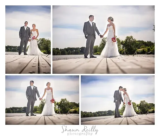 Wedding couple posing on a bright boardwalk by the water, shown in a four-photo collage.