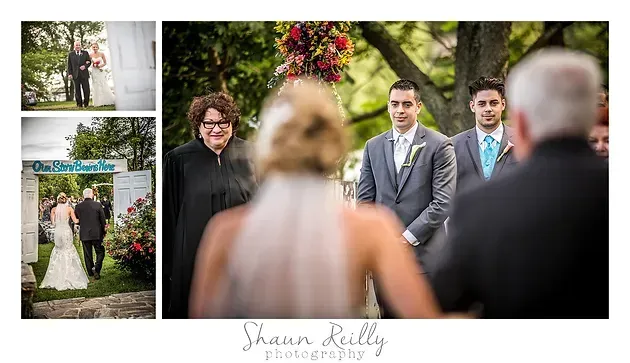 Wedding ceremony collage with bride and groom, guests, and floral arch outdoors