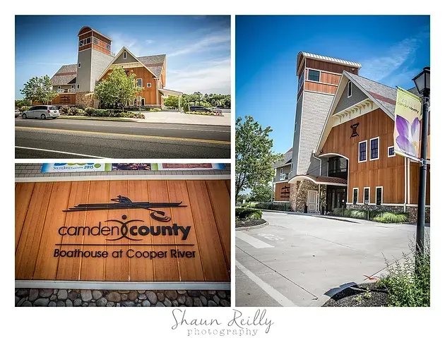 Camden County Boathouse at Cooper River building exterior and sign collage in daylight