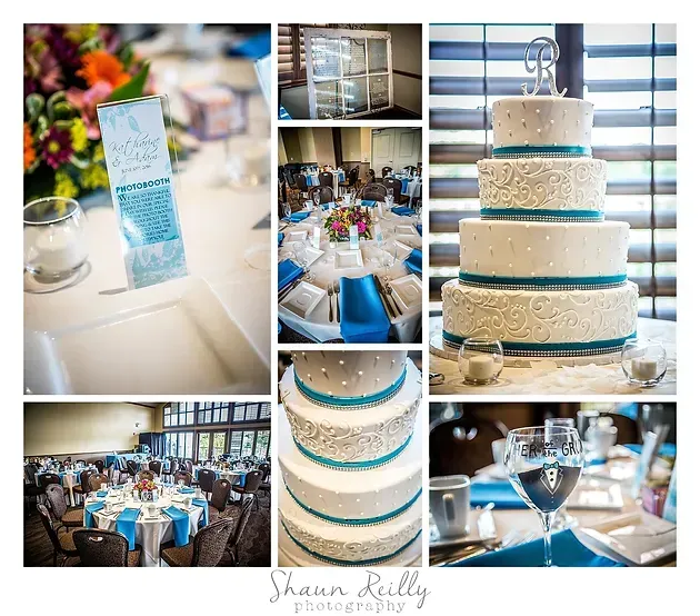 Blue-and-white wedding reception collage with tiered cake, tables, décor, and event details