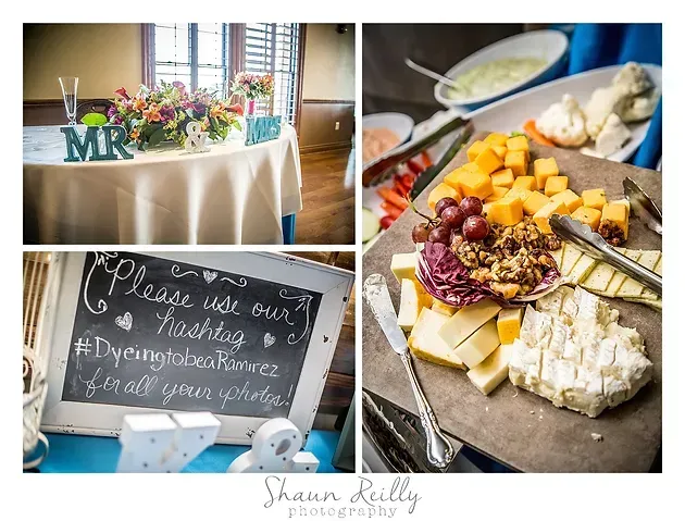 Wedding dessert table with cake, charcuterie board, and a chalkboard sign for the groom's farewell party