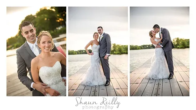 Wedding couple posing on a wooden dock in a three-panel portrait collage at sunset