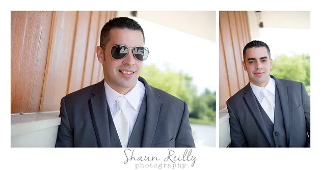 Collage of a man in a dark suit and tie posing indoors, wearing sunglasses in one photo.