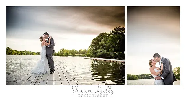 Bride and groom embrace on a wooden dock by a lake under a cloudy sky, with a close-up inset on the right.