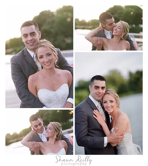 Wedding couple in a white dress and dark suit posing in a soft-lit outdoor collage