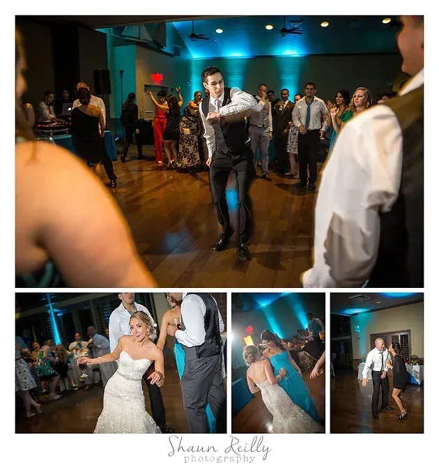 Wedding reception dance floor collage with bride and guests dancing under blue lights
