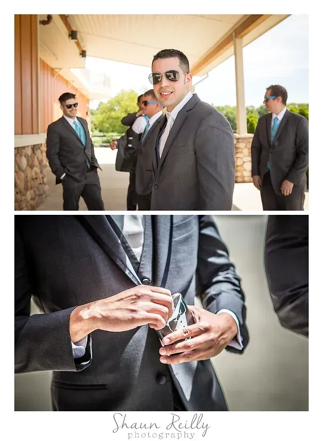 Groom and groomsmen in gray suits outdoors, with a close-up of cufflinks being fastened.