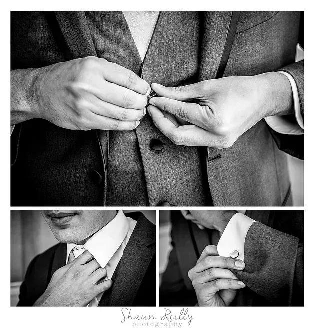 Hands buttoning a suit jacket and adjusting a tie in a black-and-white collage