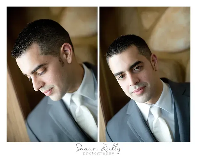 Portrait diptych of a man in a suit, one looking down and one facing the camera, against a warm blurred background