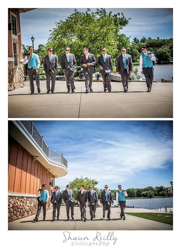 Six people walking outdoors beside a building under a blue sky, shown in two similar photos.