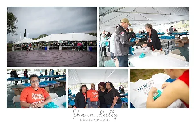 Collage of outdoor event scenes under a white tent, including people serving food and smiling together