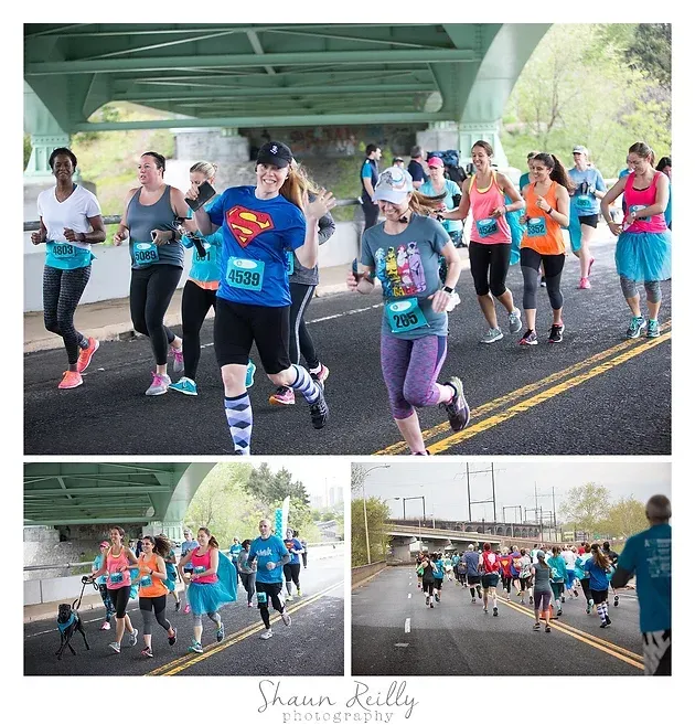 Runners in colorful shirts race under a bridge, shown in a three-photo collage.