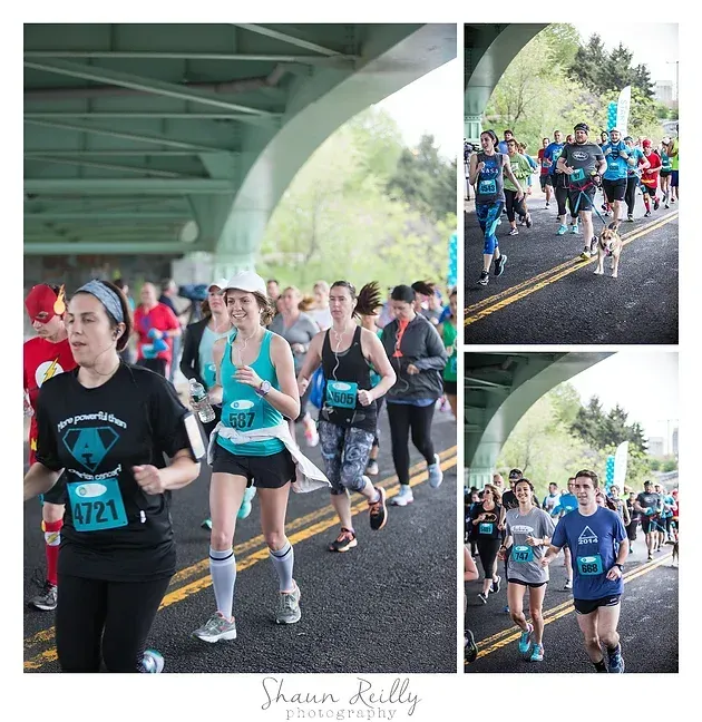 Runners in a road race under a green bridge, with a collage of race photos on the right.