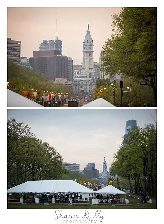 Two city park views with trees framing a tall white clock tower at dusk, tents in the foreground.