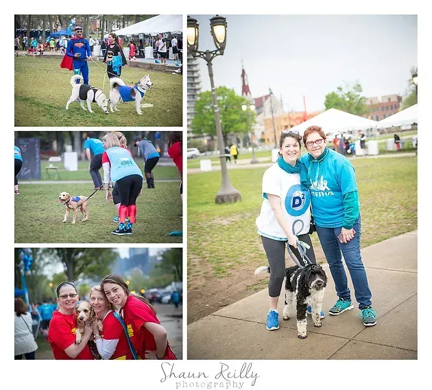 Collage of people and dogs at a park event, including a group posing with a blue sign and tents in the background