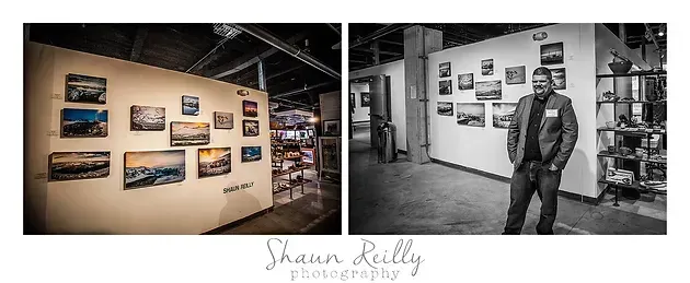 Black-and-white event collage with framed wall photos and a man standing in an art gallery.