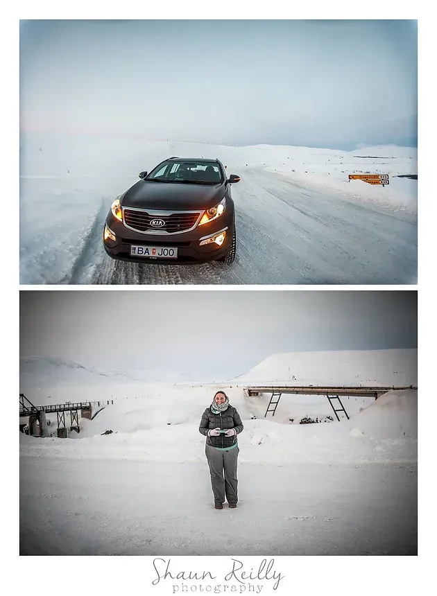 Car on snowy road above; person standing in snow below, in a two-panel winter scene.