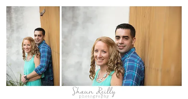 Couple posing in front of a wooden wall, smiling in two side-by-side portraits.
