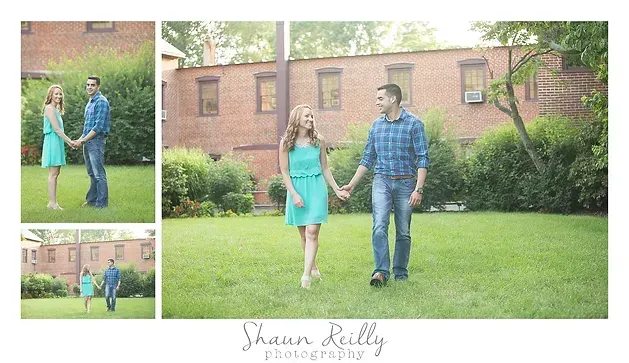Couple walking hand in hand on a lawn in front of a brick building, with two smaller inset photos beside them.