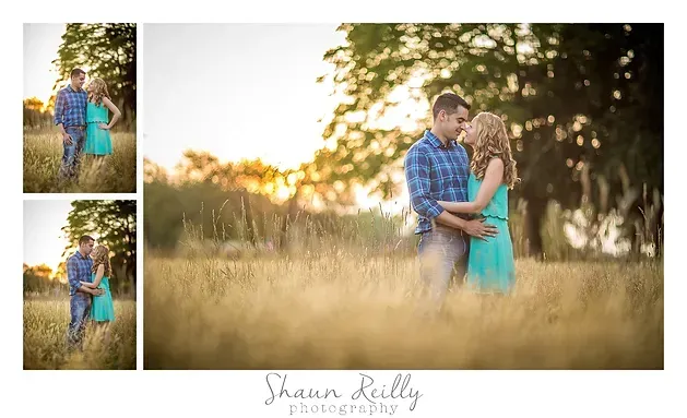 Couple embracing in a golden field at sunset, with smaller portrait images beside them