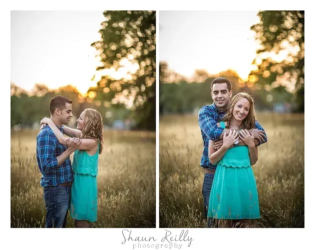Couple hugging in a sunlit field, with a close-up and wider portrait side by side.