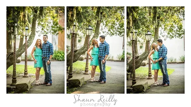 Three-panel outdoor couple portrait by a tree-lined path, with a woman in teal and a man in blue plaid posing together.