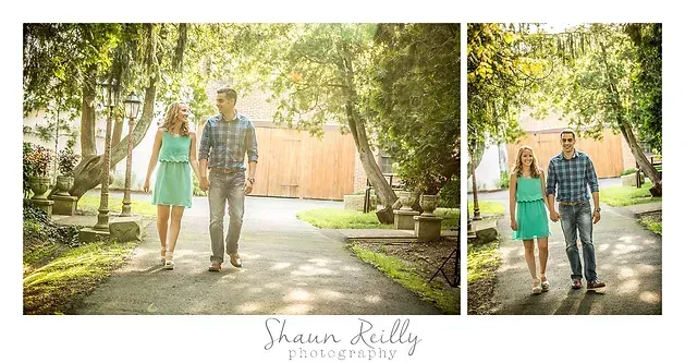 Couple walking hand in hand through a sunlit park path, with framed portrait shots beside them.